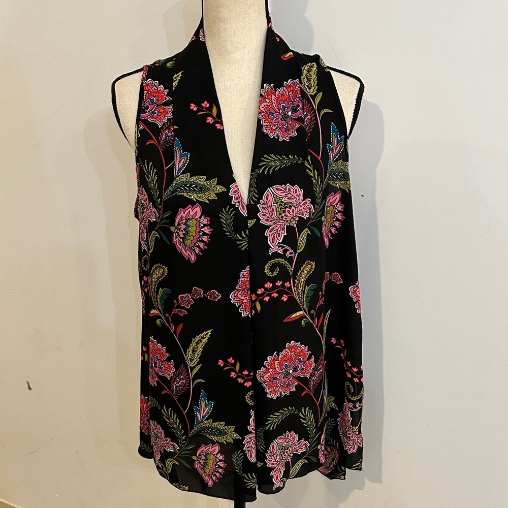 Spense Black Floral Sleeveless Blouse Hi-Lo Top L